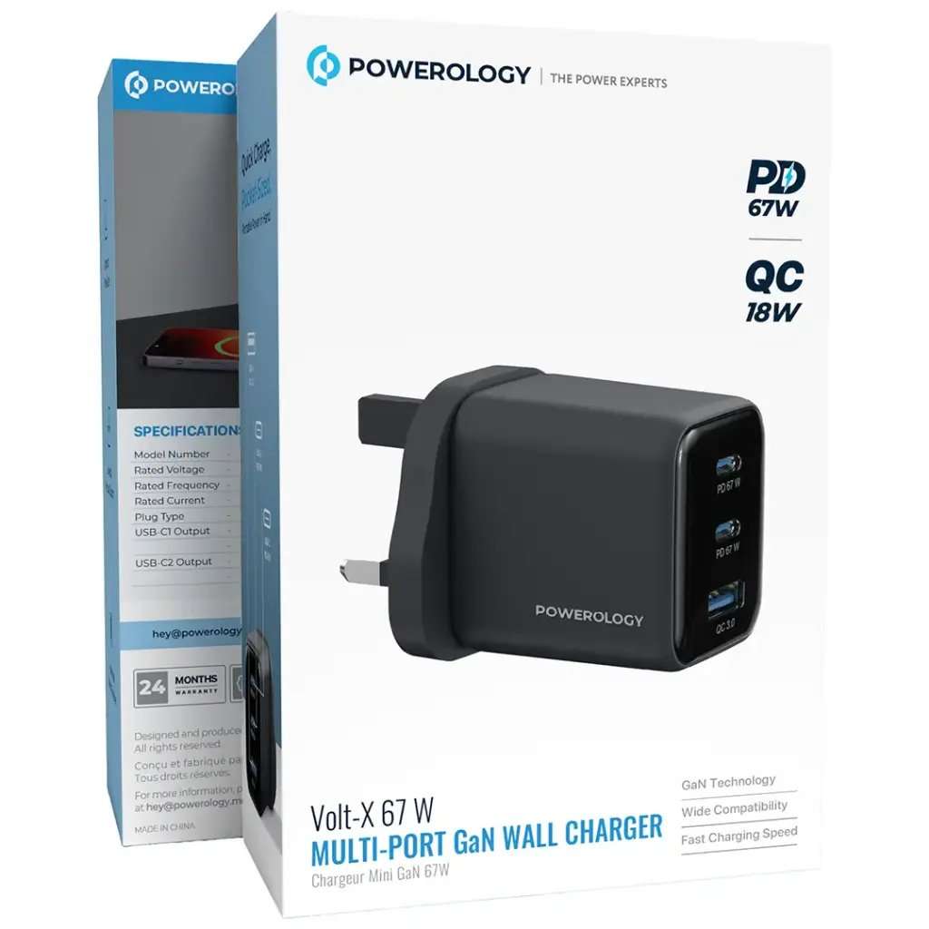 Powerology GaNex 67W Wall Charger C+C+A With TFD Display - Linkphones Center